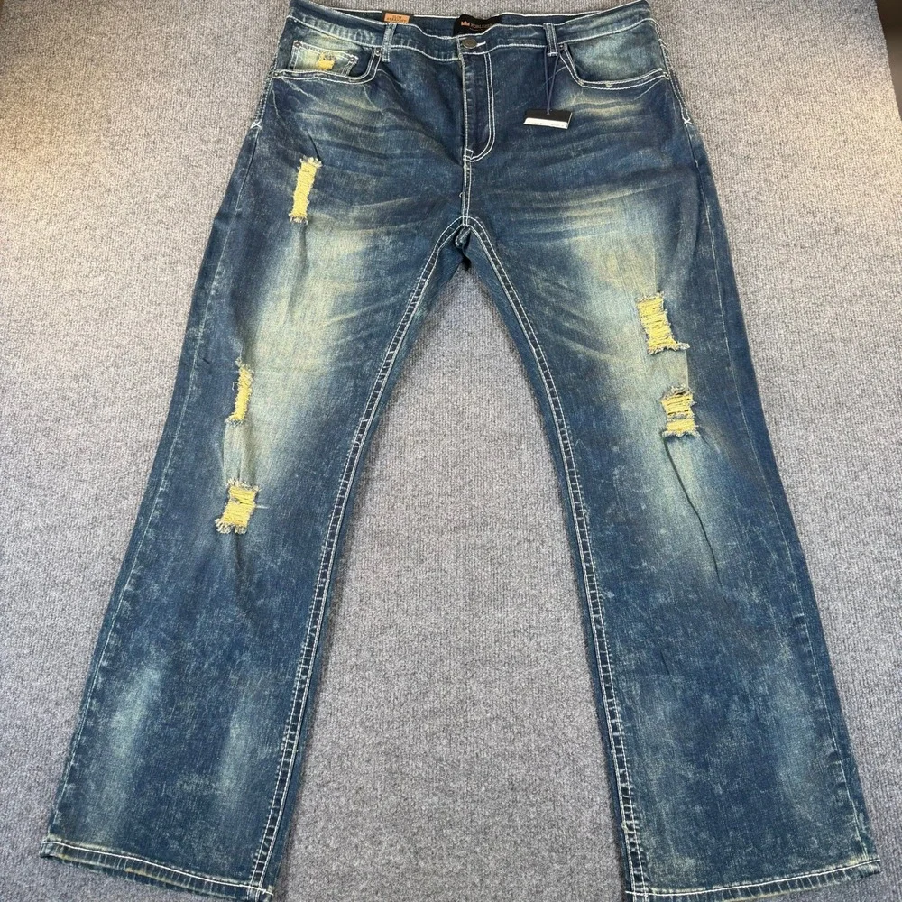 Noblezen Collection Mens Slim Straight Jeans Blue Distressed‎ W40 L32 NEW